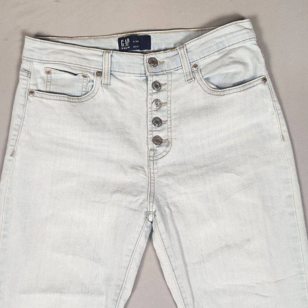 GAP Denim Bootcut Jeans Womens 6 Petite 28x28 Light Wash Raw Hem Stretch - Picture 2 of 10